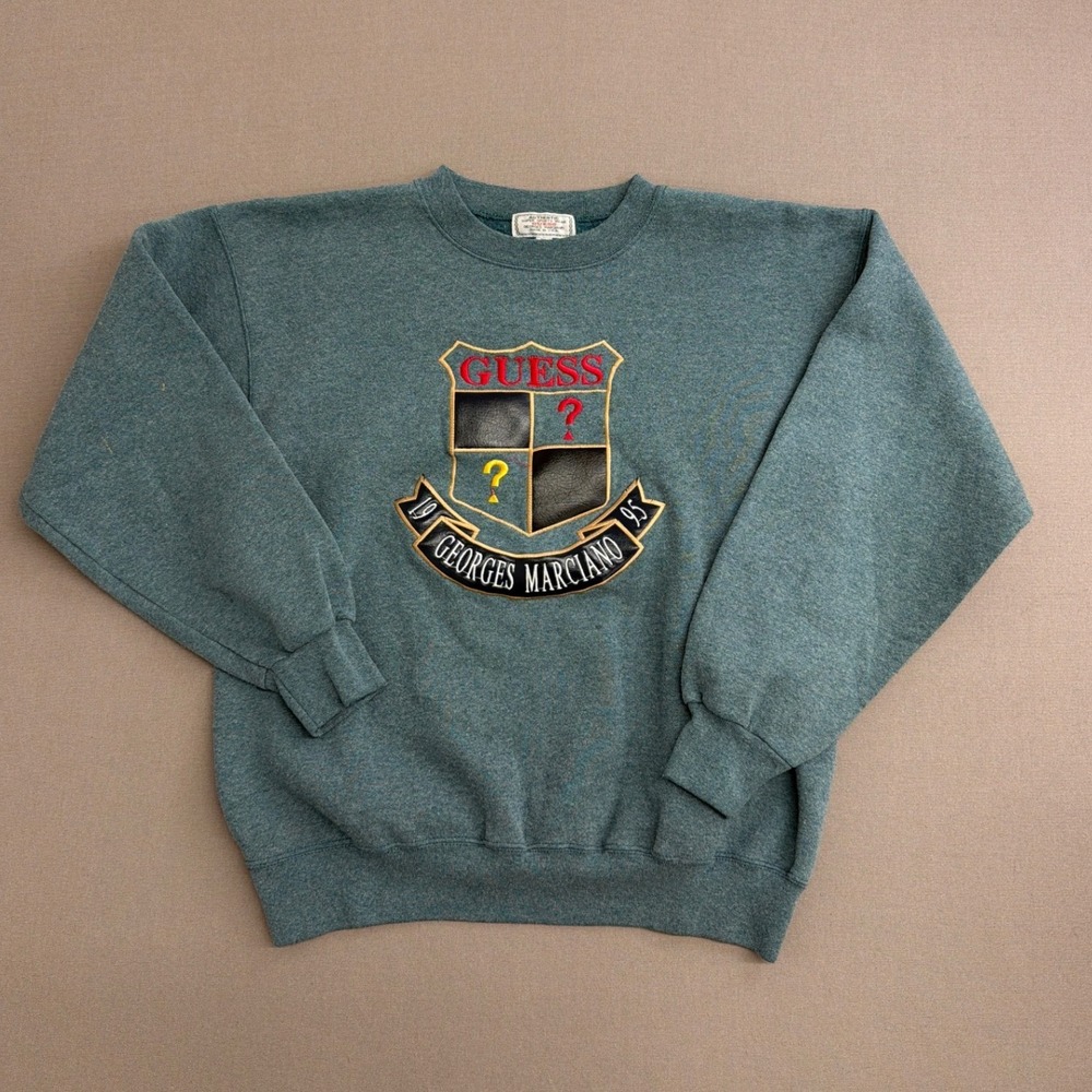 Vintage Guess Georges Marciano Sweatshirt XL Teal Green Embroidered Crest 1995